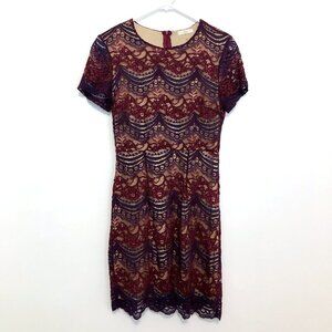 SOPRANO Burgundy Maroon Red Navy Blue Floral Lace Short Sleeve Fit Flare Dress S